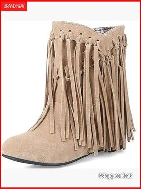 Suede Tassel Fringe Ankle Boots Pointed Toe Fur Lined Pull On Flat Heel